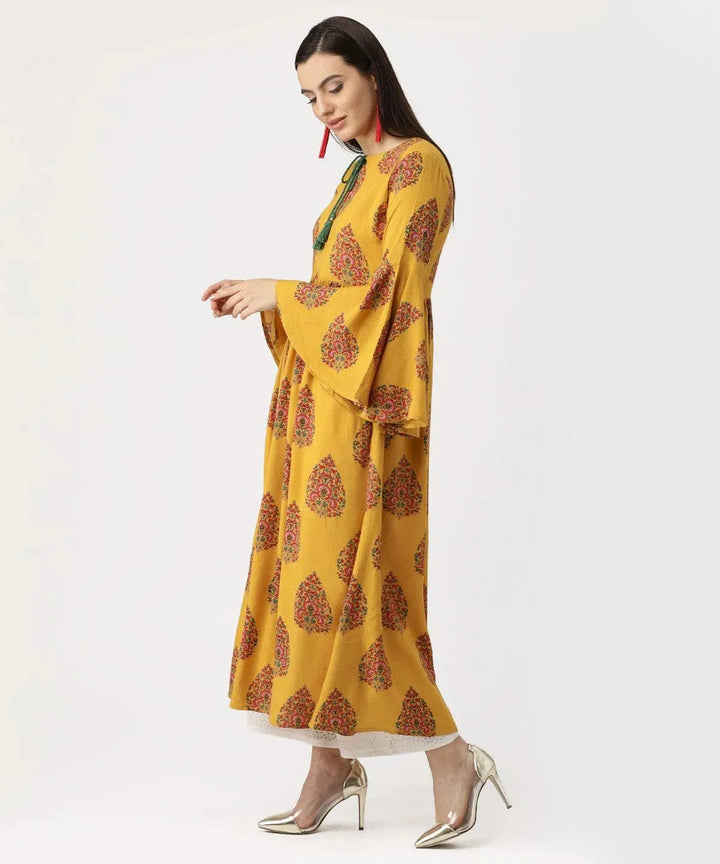 Yellow Printed Rayon Kurta - Libas