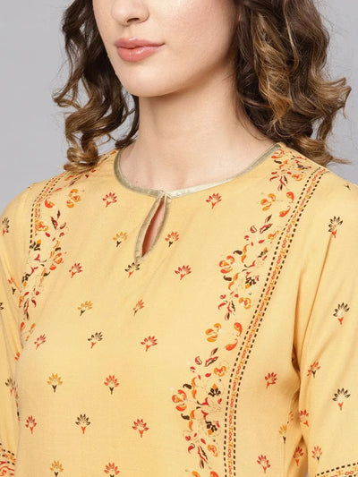 Yellow Printed Rayon Kurta - Libas