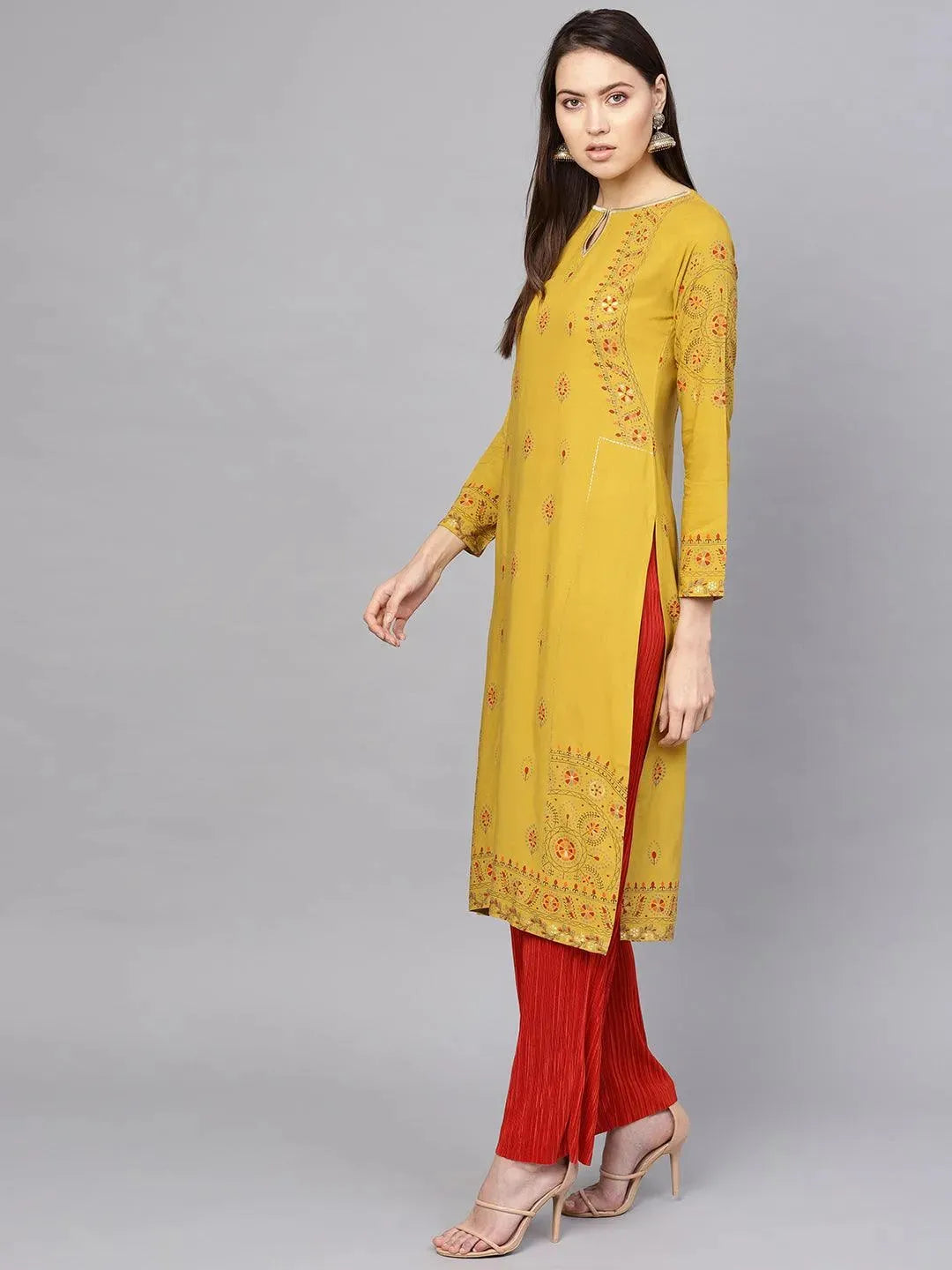 Yellow Printed Rayon Kurta - Libas