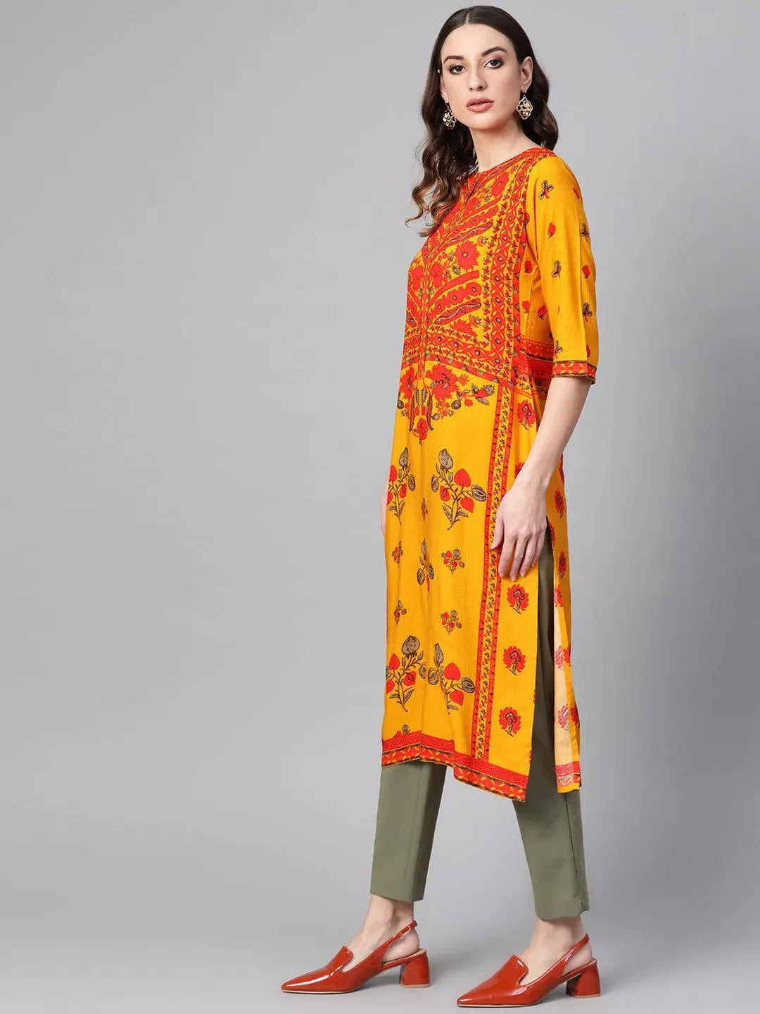 Yellow Printed Rayon Kurta - Libas