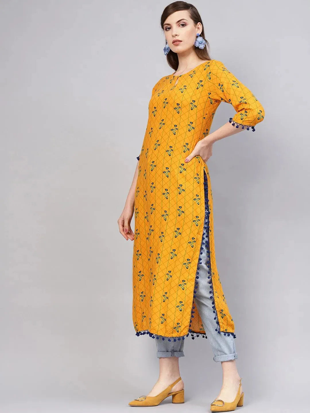 Yellow Printed Rayon Kurta - Libas 