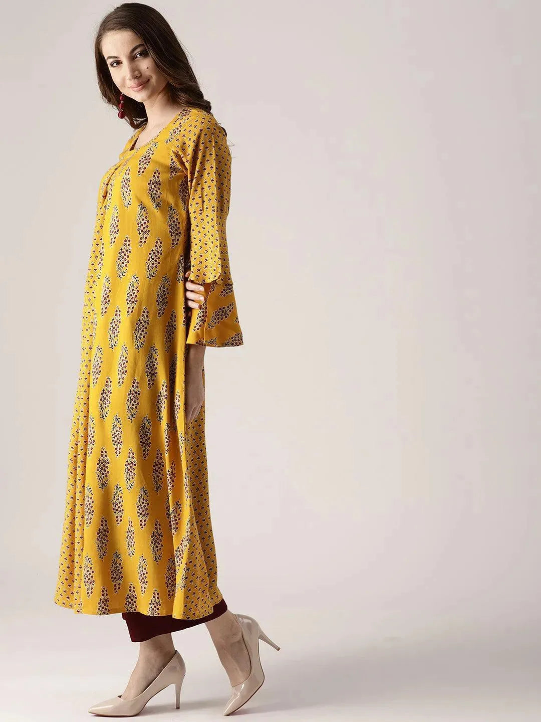 Yellow Printed Rayon Kurta - Libas