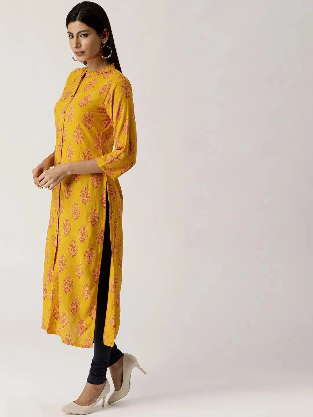 Yellow Printed Rayon Kurta - Libas