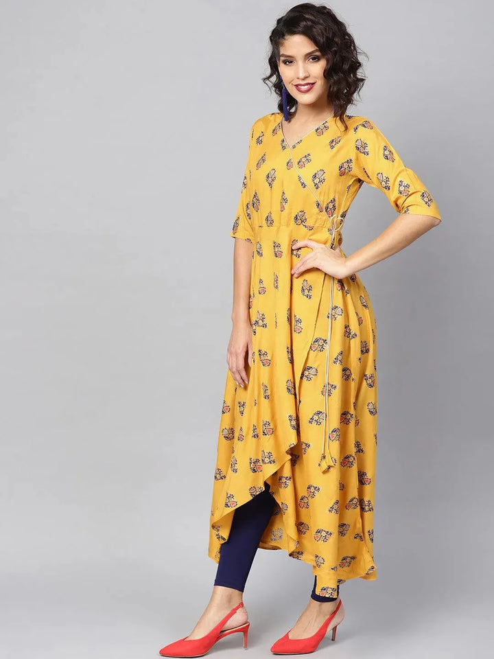 Yellow Printed Rayon Kurta - Libas