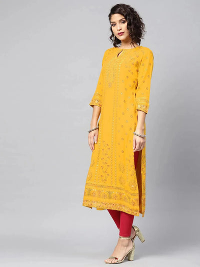 Yellow Printed Rayon Kurta - Libas