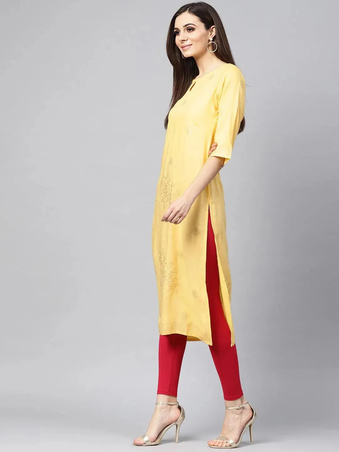 Yellow Printed Rayon Kurta - Libas 
