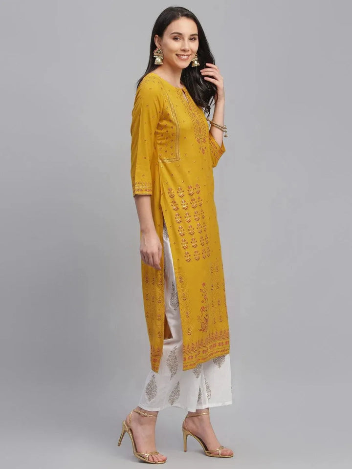Yellow Printed Rayon Kurta - Libas