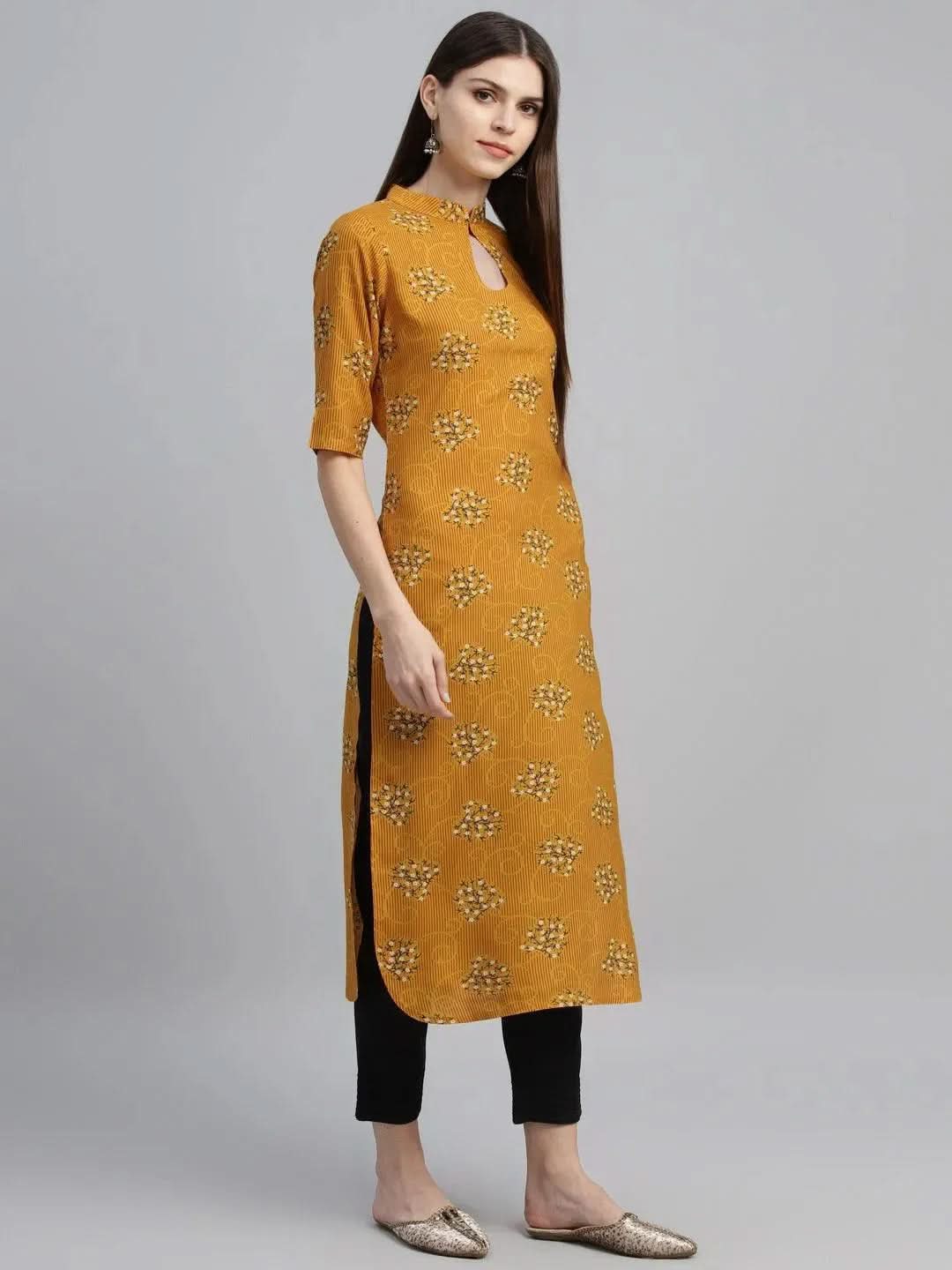 Yellow Printed Rayon Kurta - Libas 