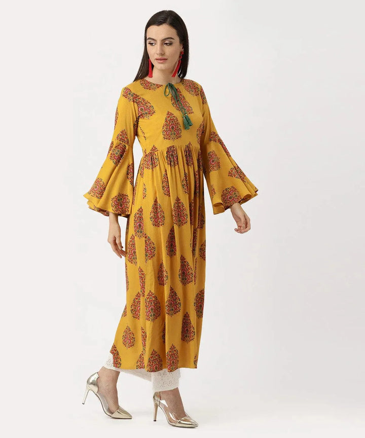 Yellow Printed Rayon Kurta - Libas