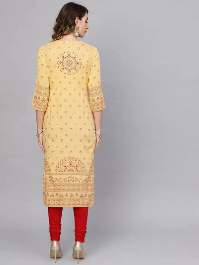 Yellow Printed Rayon Kurta - Libas