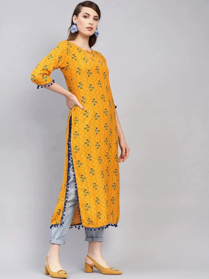 Yellow Printed Rayon Kurta - Libas