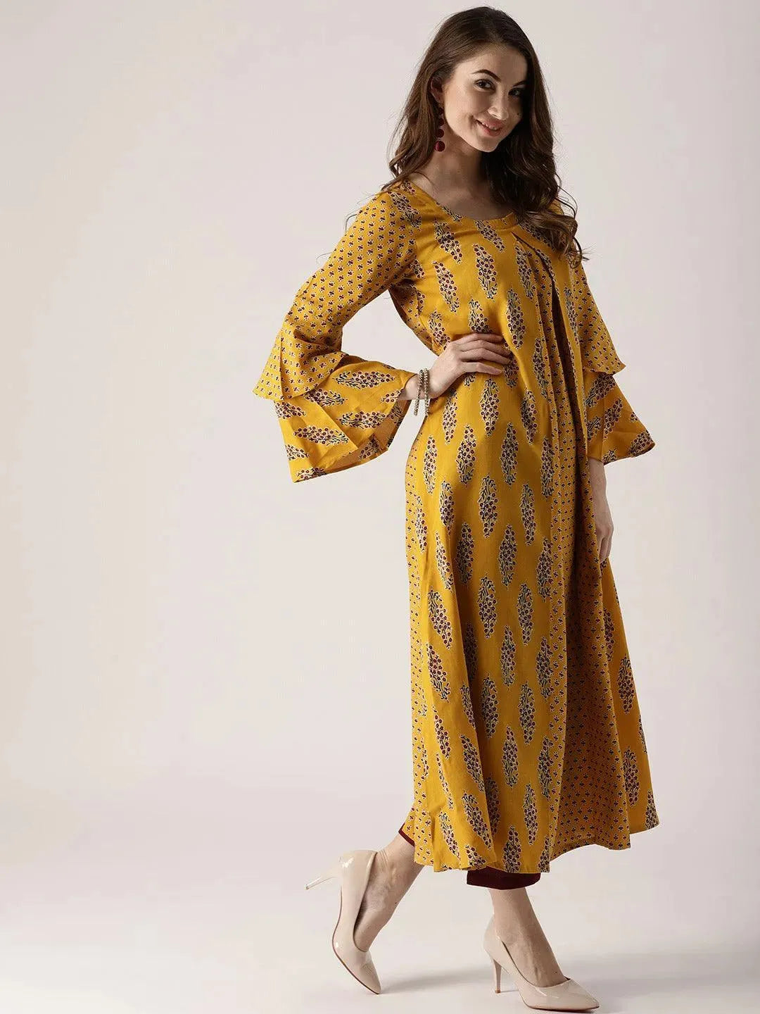 Yellow Printed Rayon Kurta - Libas