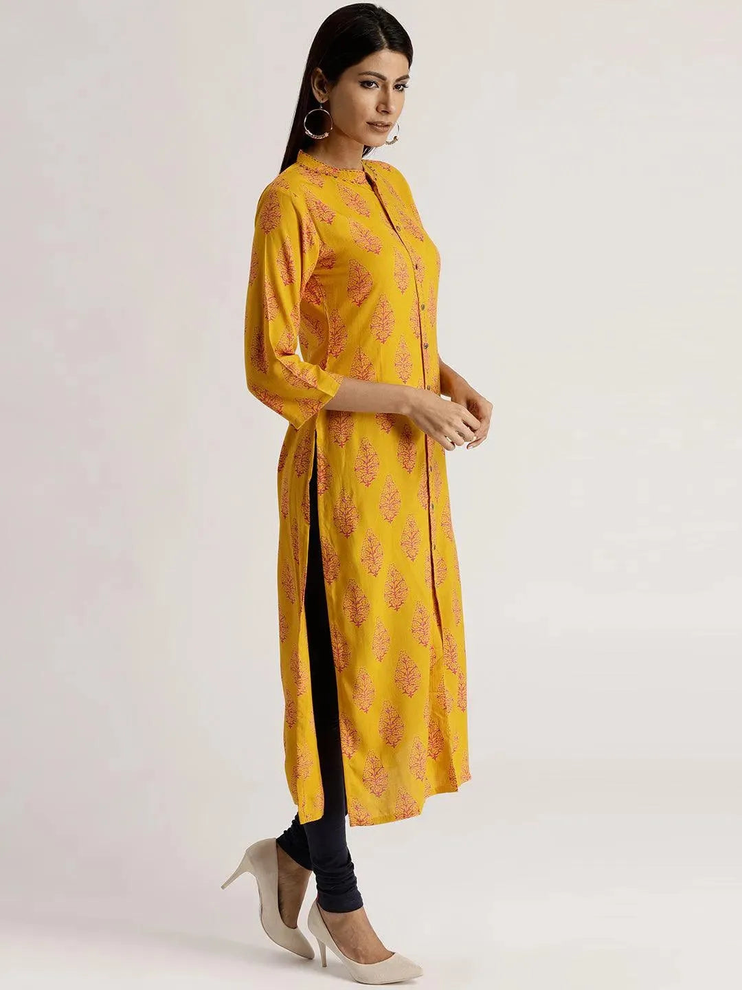 Yellow Printed Rayon Kurta - Libas