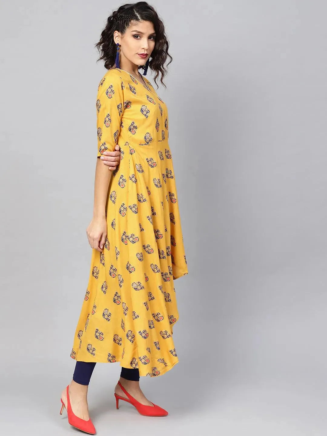Yellow Printed Rayon Kurta - Libas 