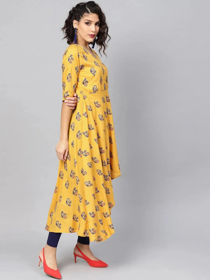 Yellow Printed Rayon Kurta - Libas