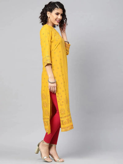 Yellow Printed Rayon Kurta - Libas