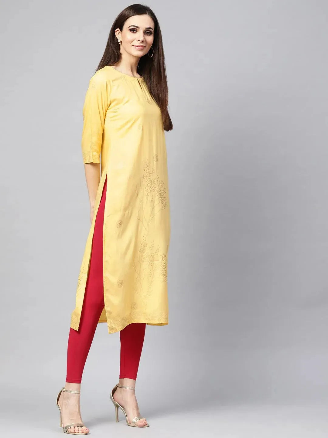 Yellow Printed Rayon Kurta - Libas 