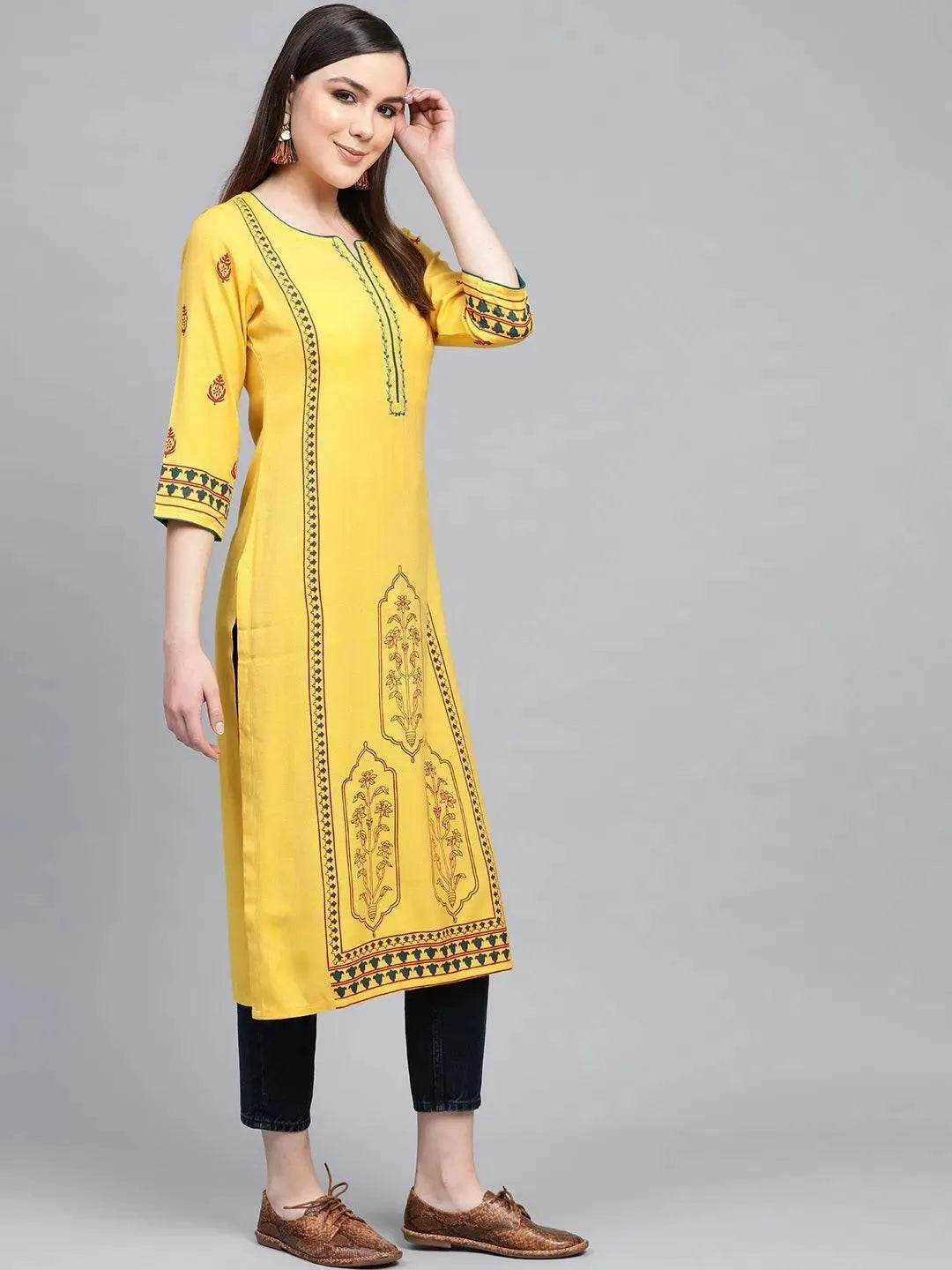 Yellow Printed Rayon Kurta - Libas 