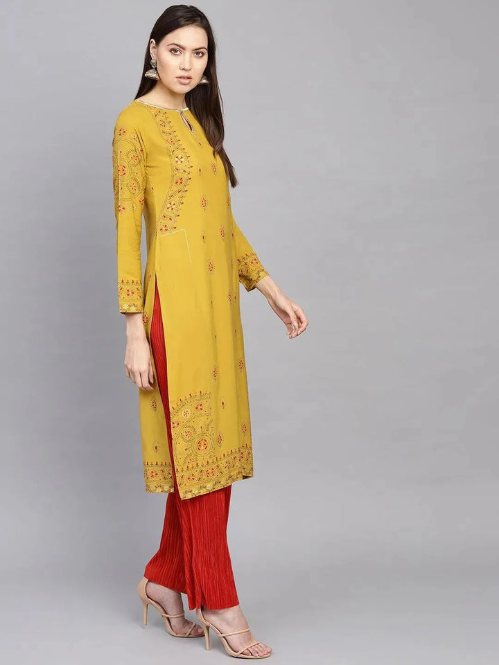 Yellow Printed Rayon Kurta - Libas