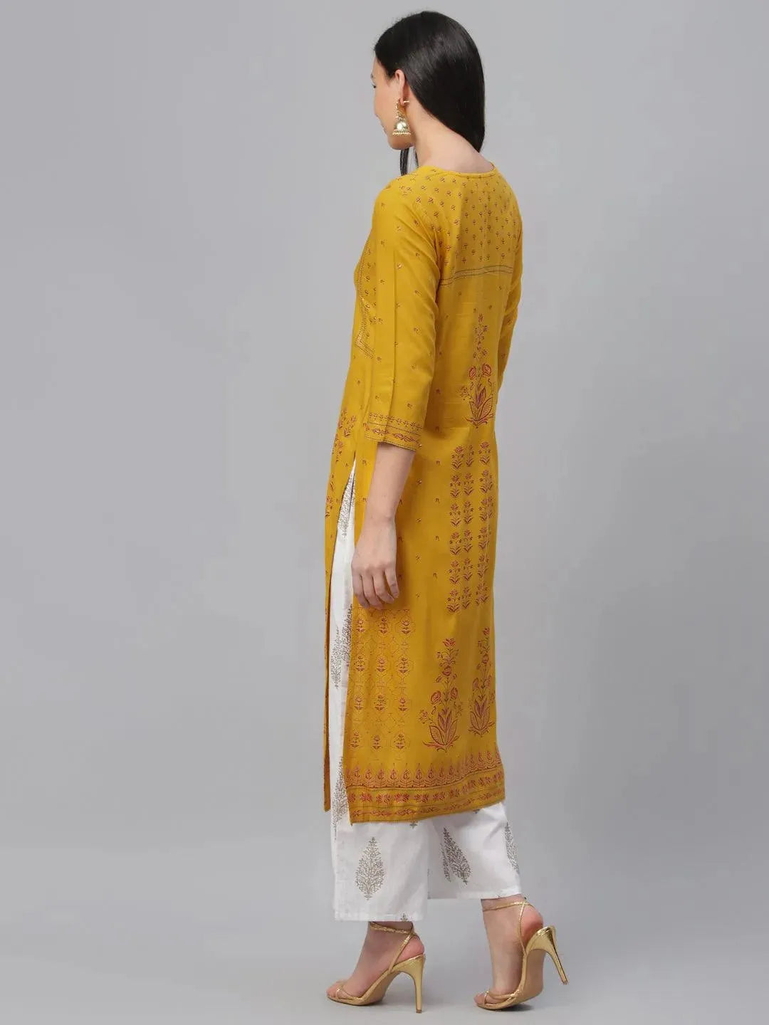 Yellow Printed Rayon Kurta - Libas 