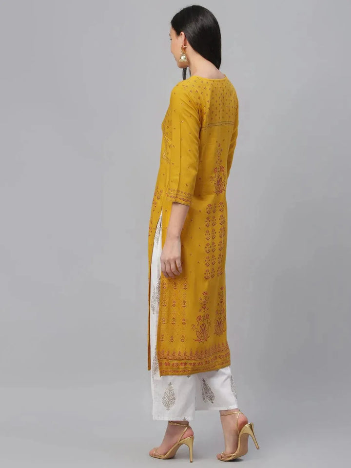 Yellow Printed Rayon Kurta - Libas