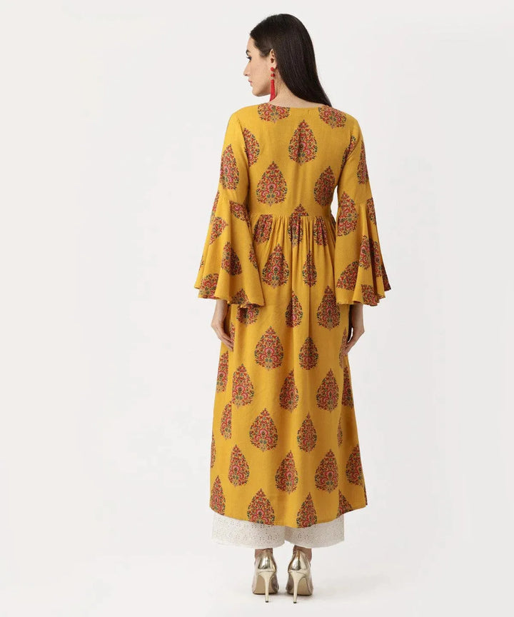 Yellow Printed Rayon Kurta - Libas