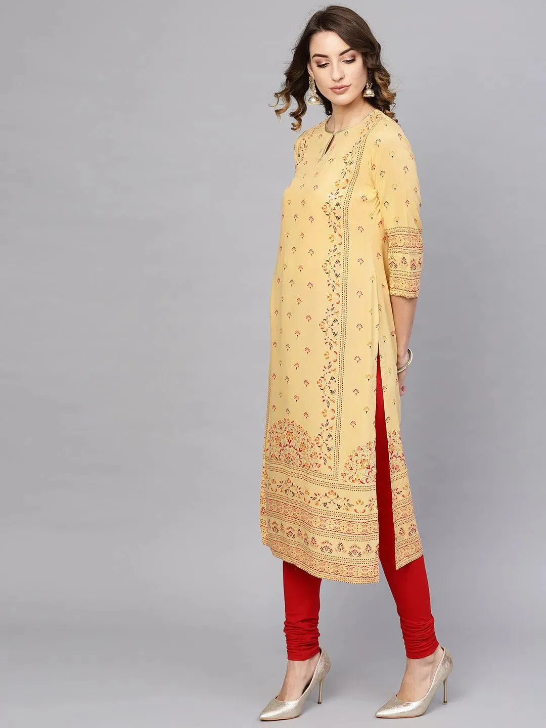 Yellow Printed Rayon Kurta - Libas