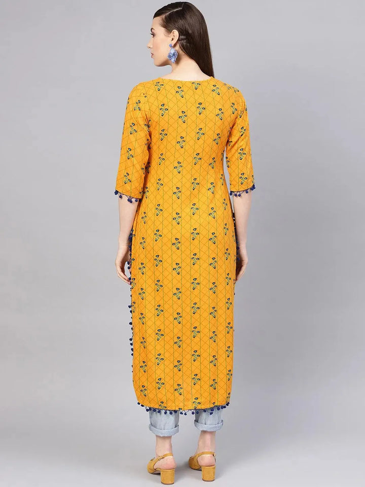 Yellow Printed Rayon Kurta - Libas