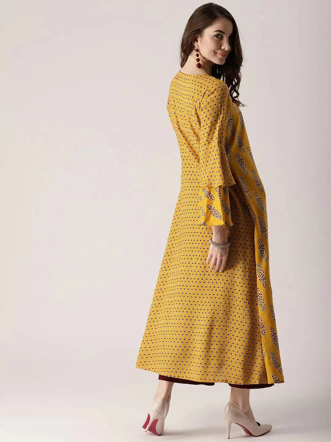 Yellow Printed Rayon Kurta - Libas