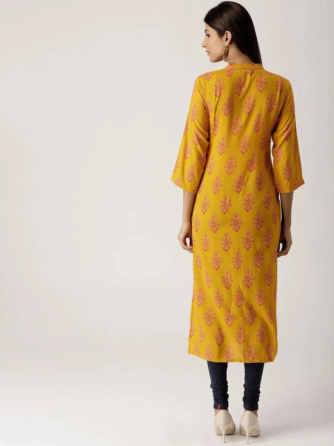 Yellow Printed Rayon Kurta - Libas