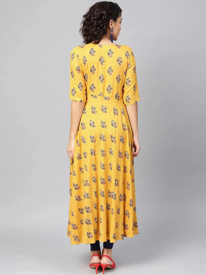 Yellow Printed Rayon Kurta - Libas