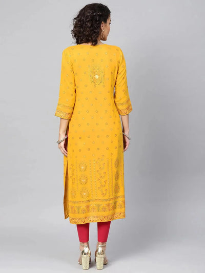 Yellow Printed Rayon Kurta - Libas