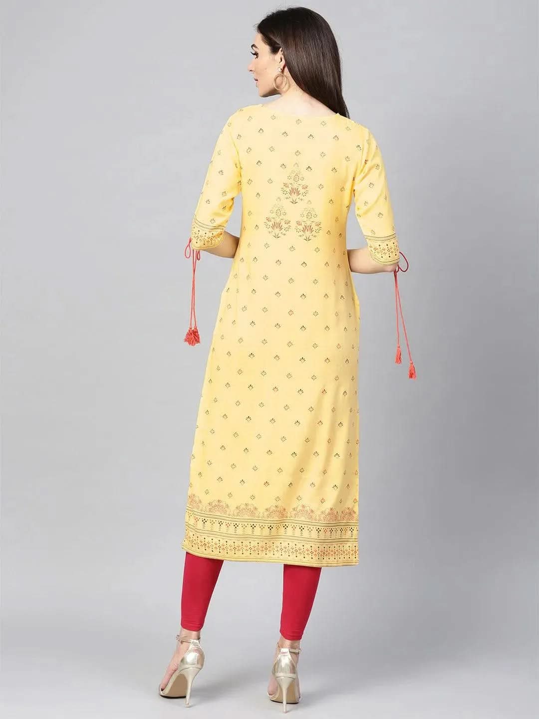 Yellow Printed Rayon Kurta - Libas 