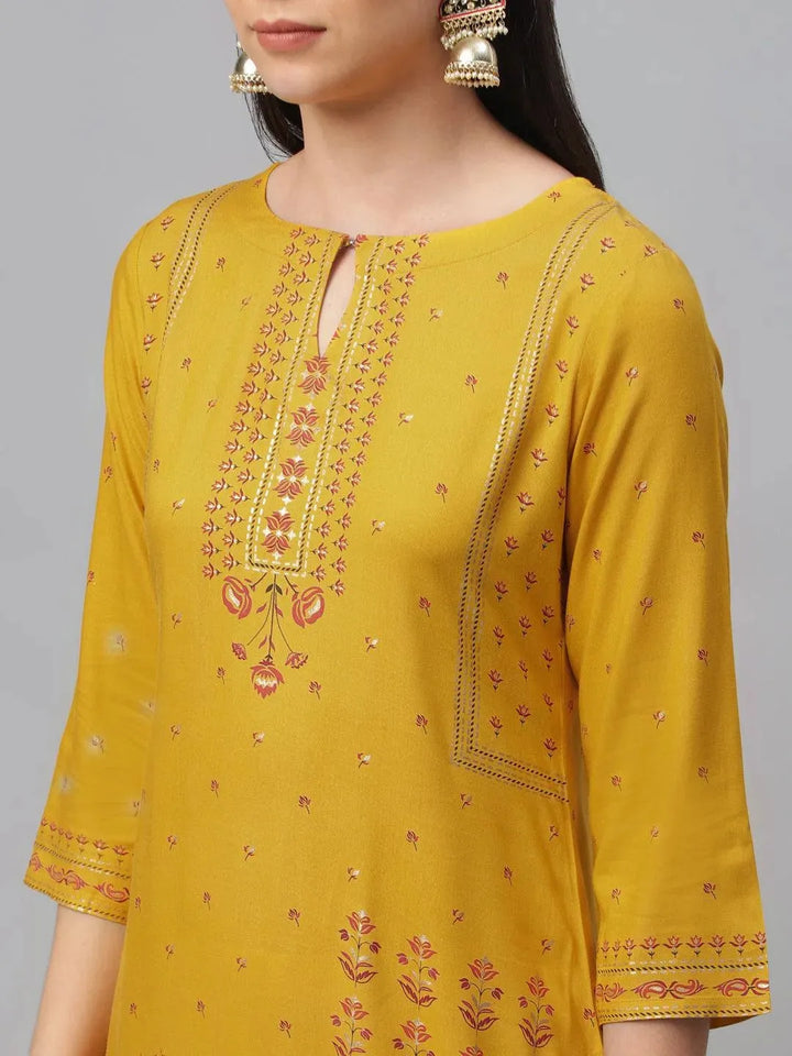 Yellow Printed Rayon Kurta - Libas