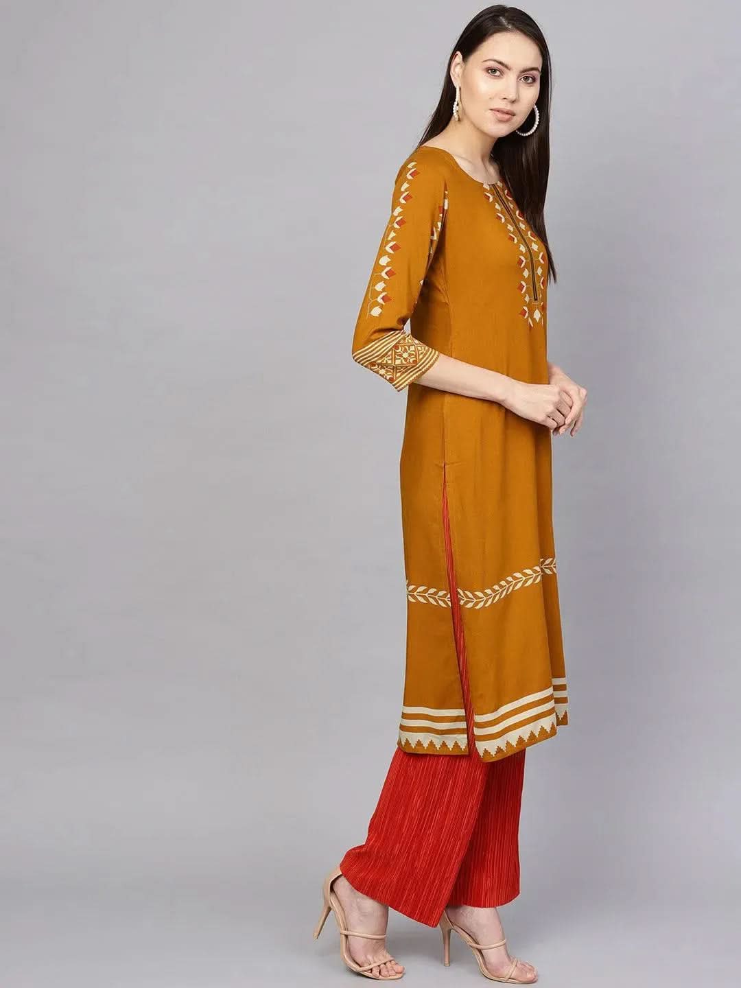 Yellow Printed Rayon Kurta - Libas 