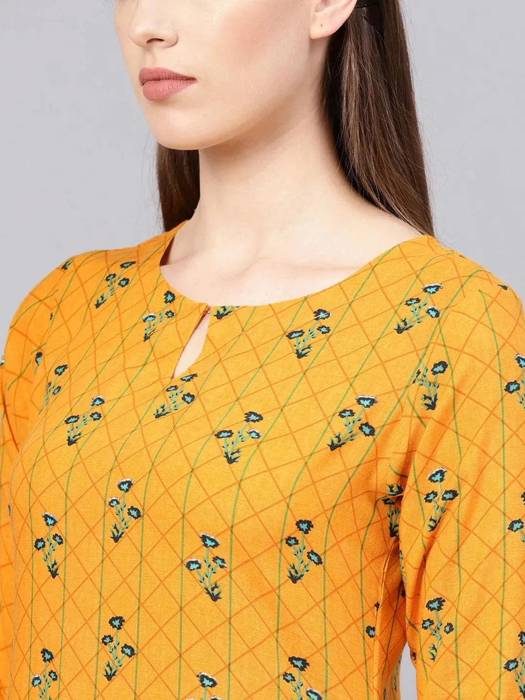 Yellow Printed Rayon Kurta - Libas 