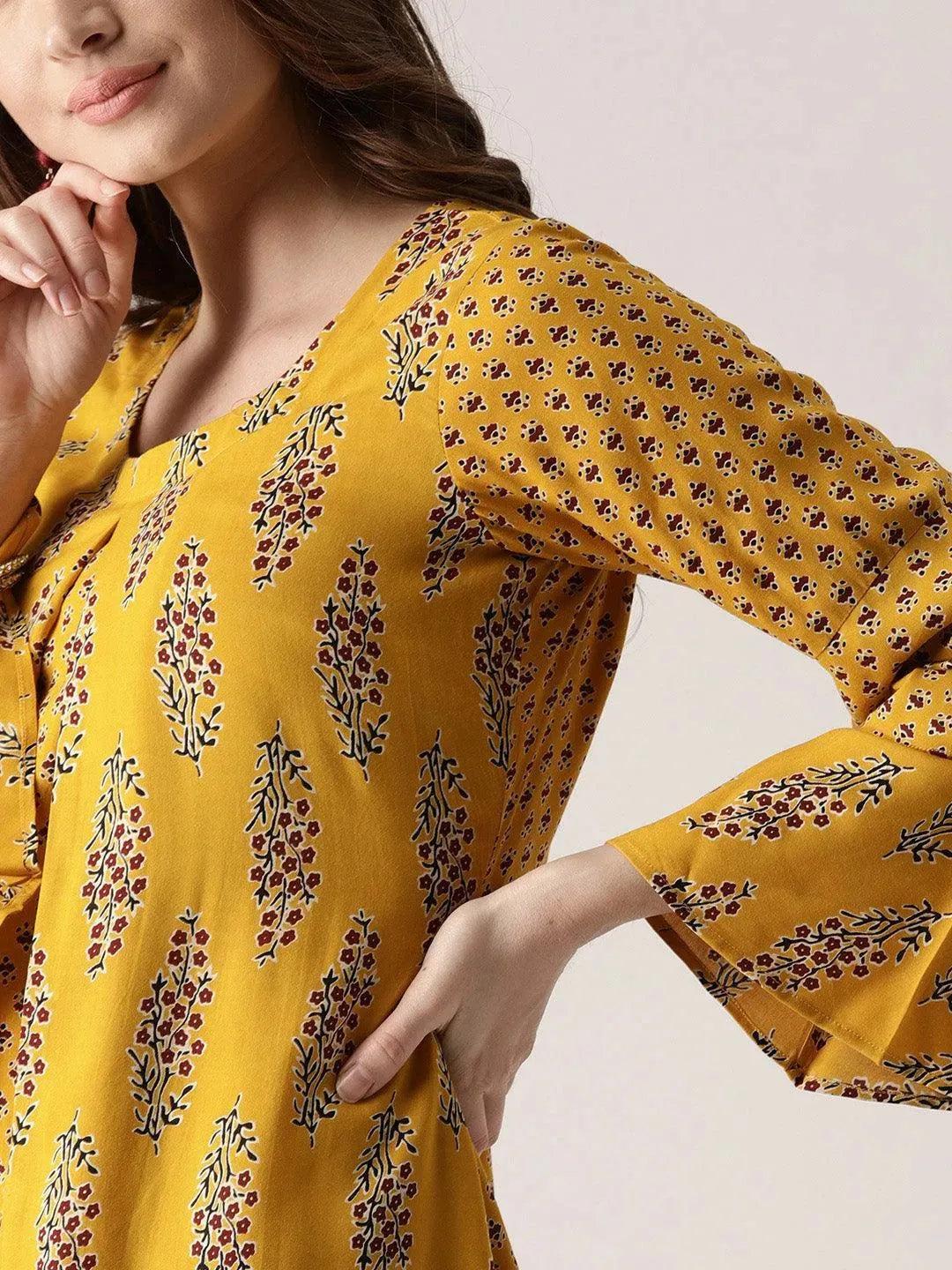 Yellow Printed Rayon Kurta - Libas