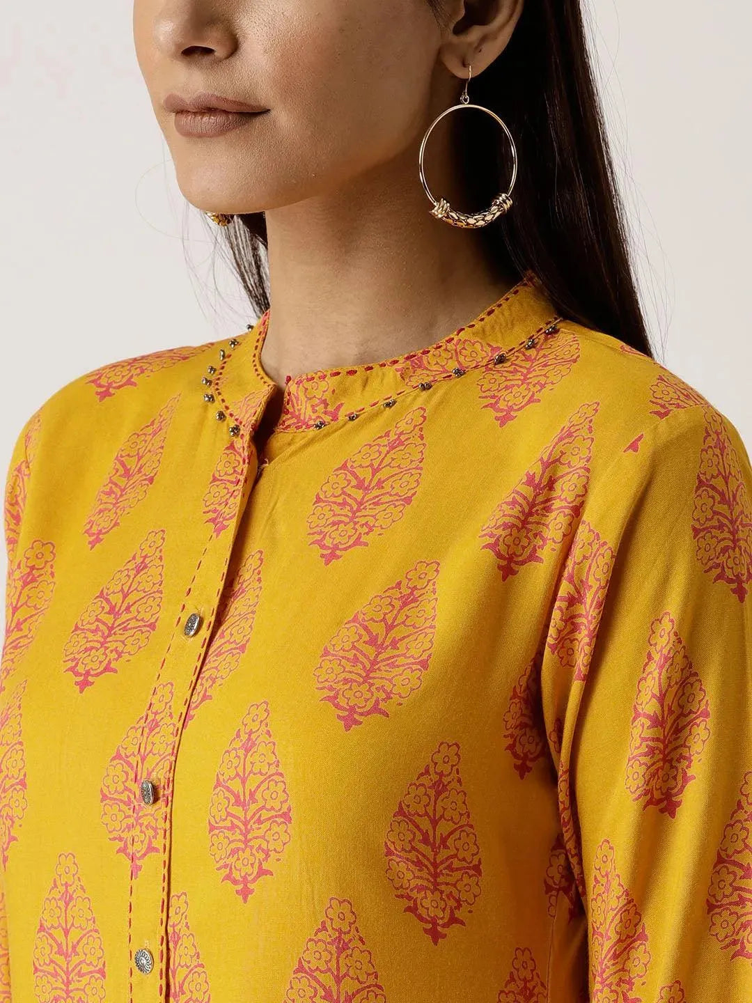 Yellow Printed Rayon Kurta - Libas