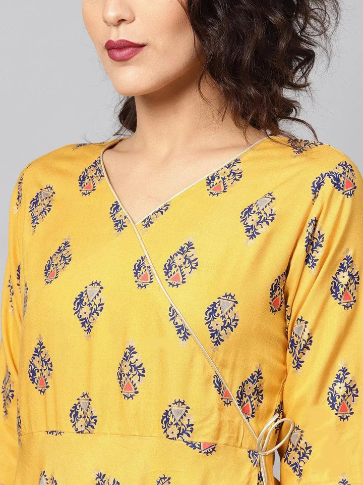 Yellow Printed Rayon Kurta - Libas