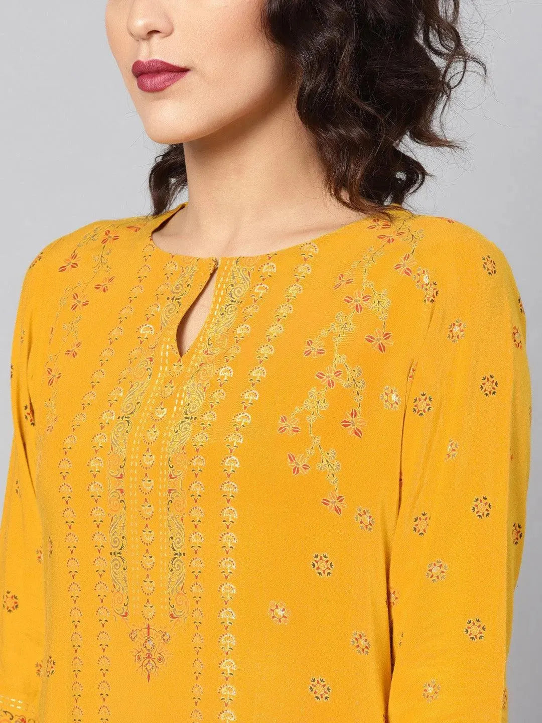Yellow Printed Rayon Kurta - Libas 