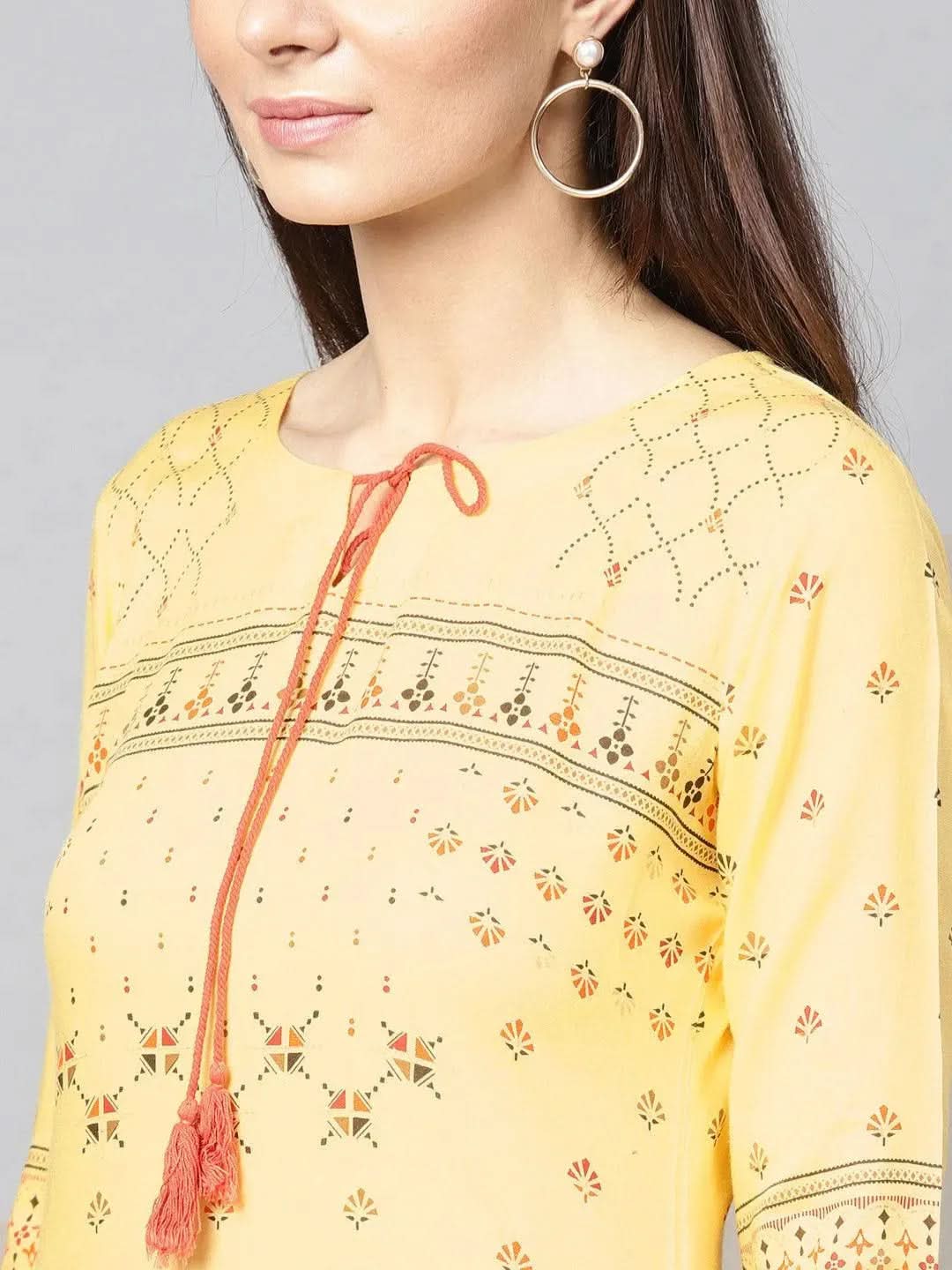 Yellow Printed Rayon Kurta - Libas 