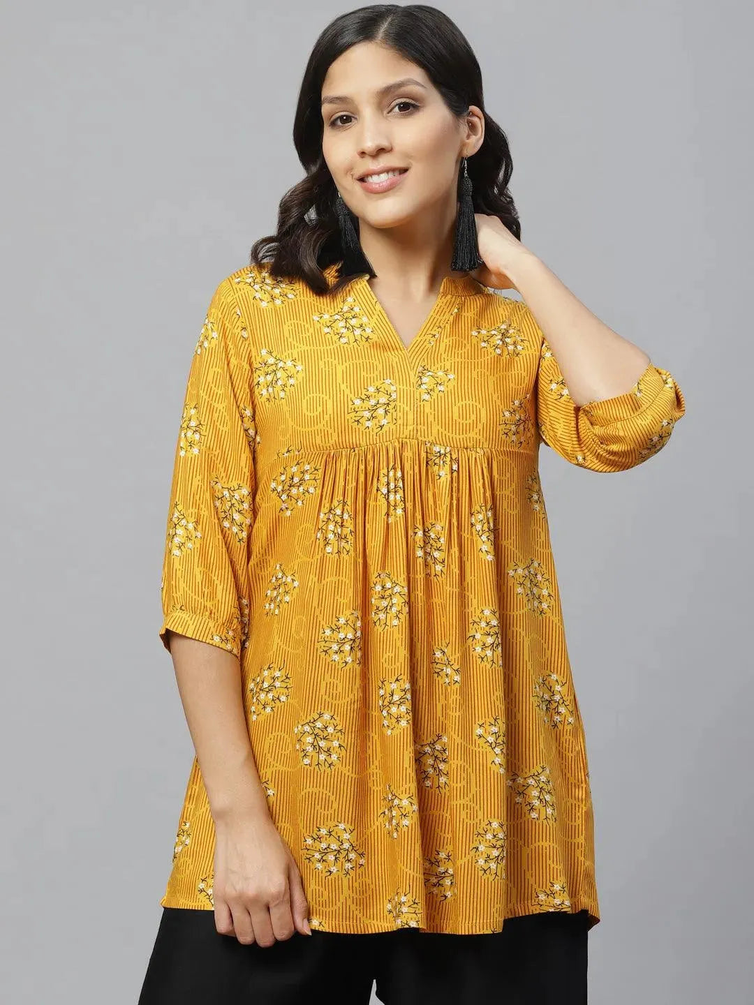 Yellow Printed Rayon Kurti - Libas
