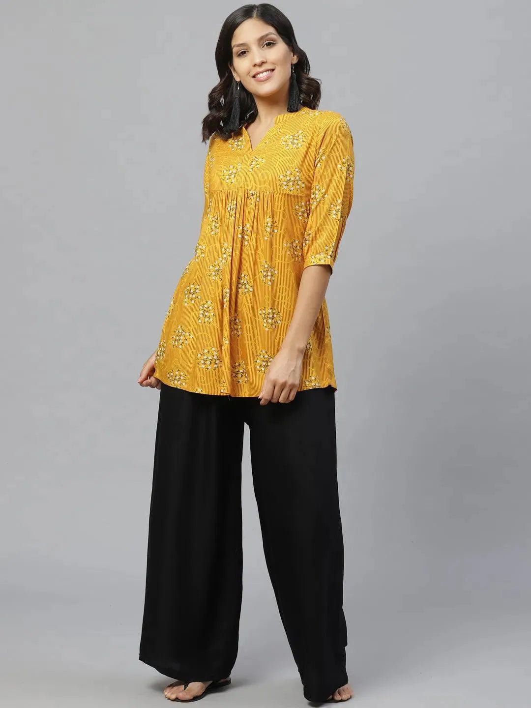 Yellow Printed Rayon Kurti - Libas 