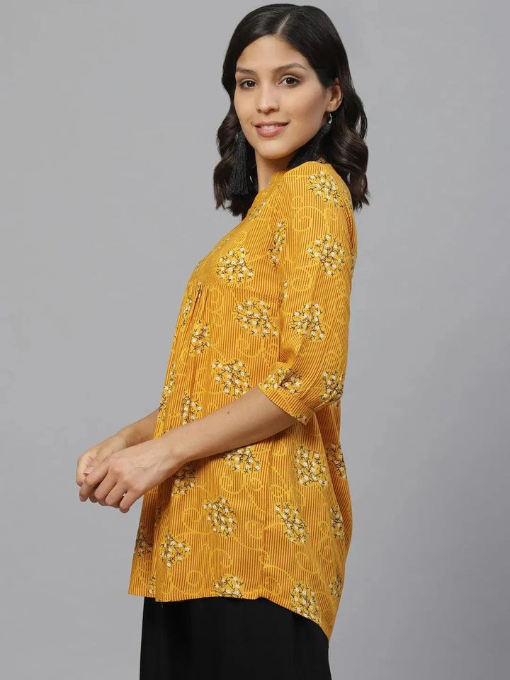 Yellow Printed Rayon Kurti - Libas