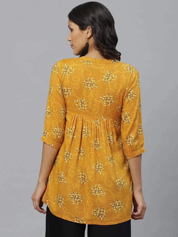 Yellow Printed Rayon Kurti - Libas