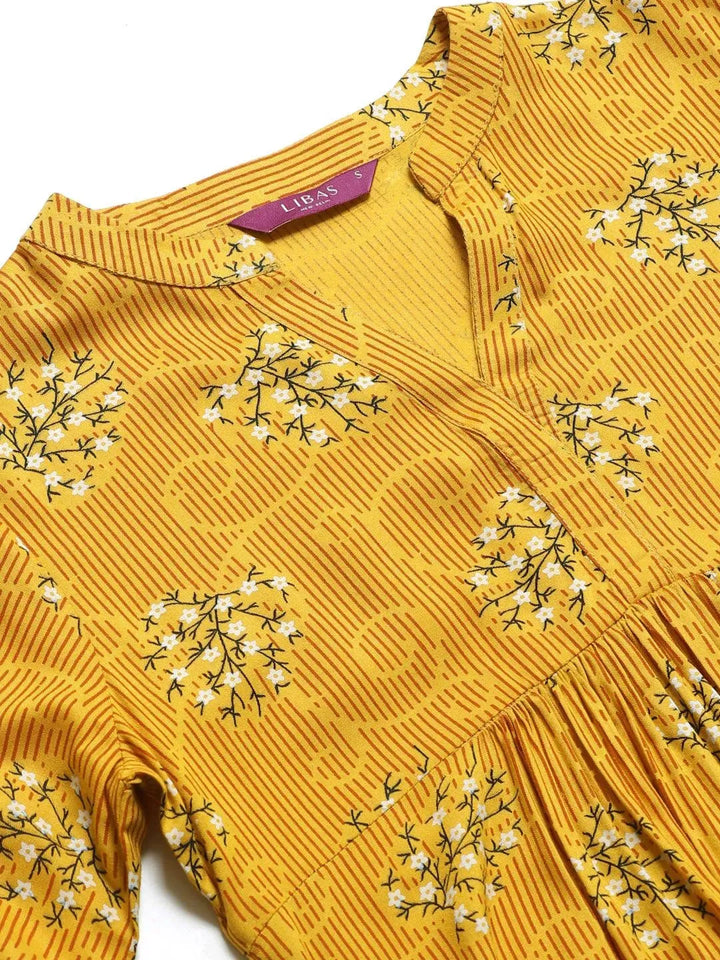 Yellow Printed Rayon Kurti - Libas