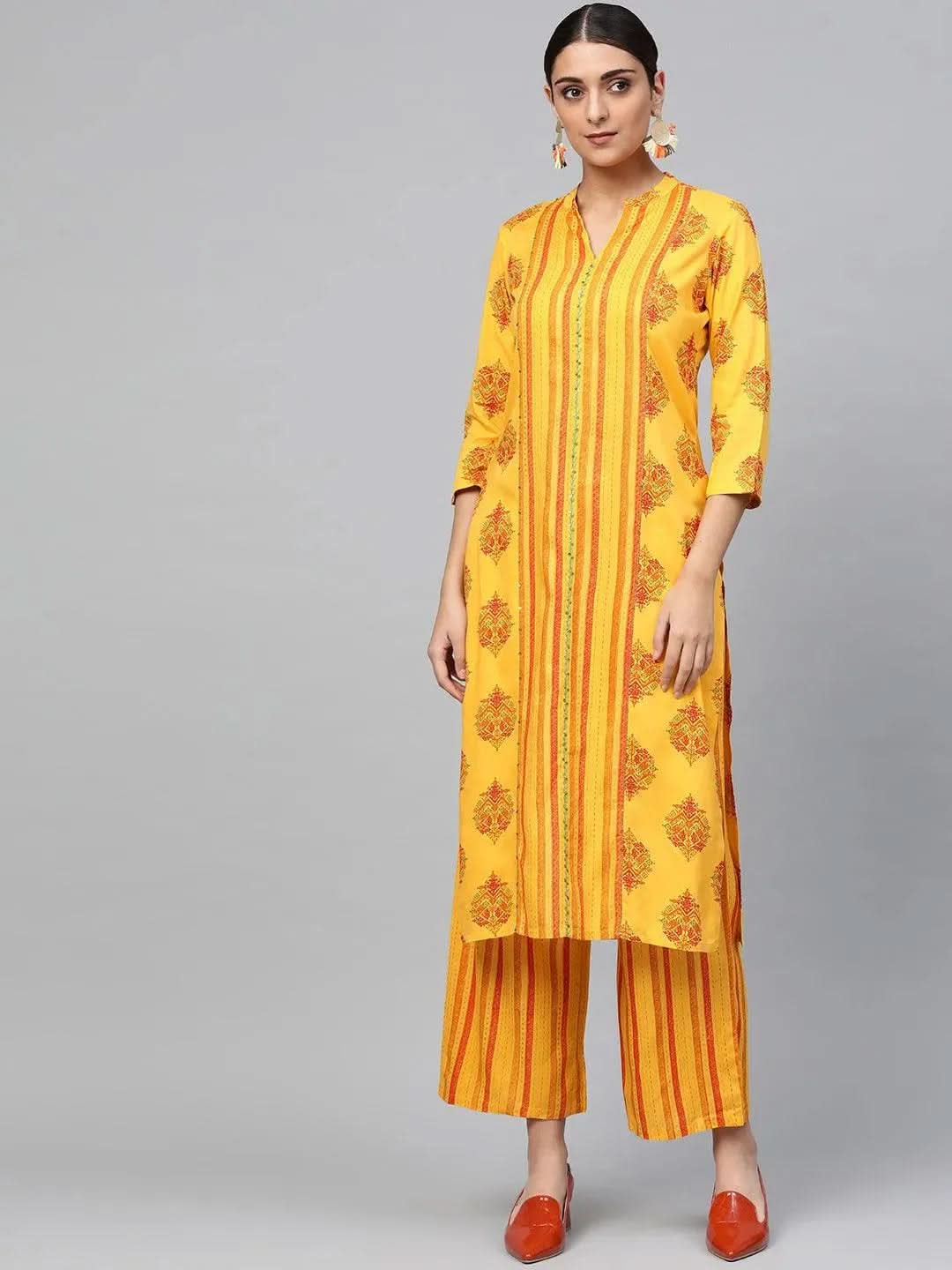

Buy Yellow Printed Rayon Kurta Set - 6574- | Libas Ethnic Wear Online