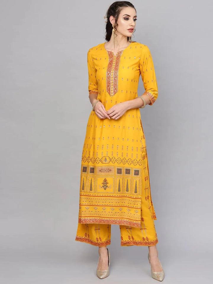 Yellow Printed Rayon Kurta Set - Libas