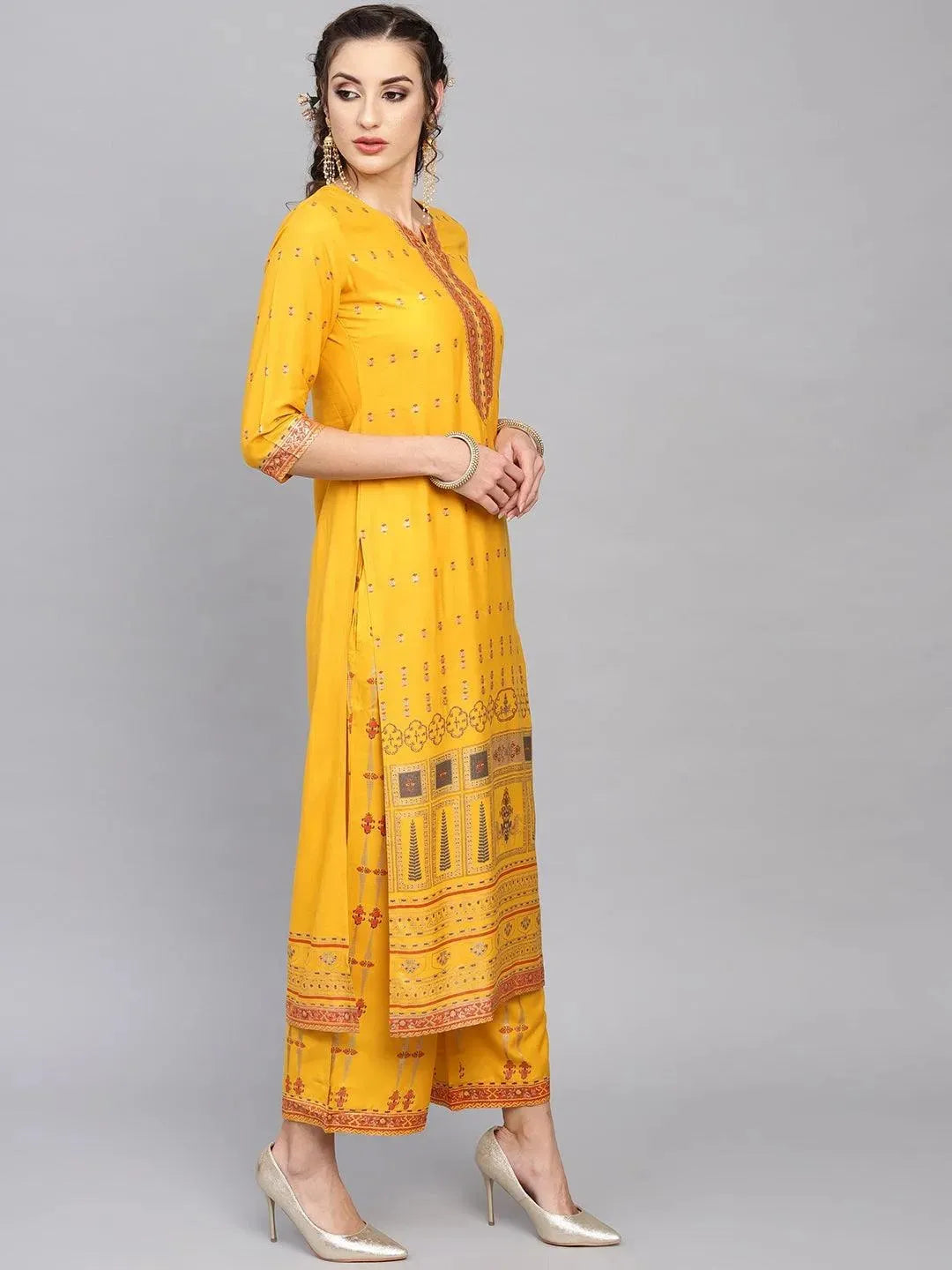 Yellow Printed Rayon Kurta Set - Libas 