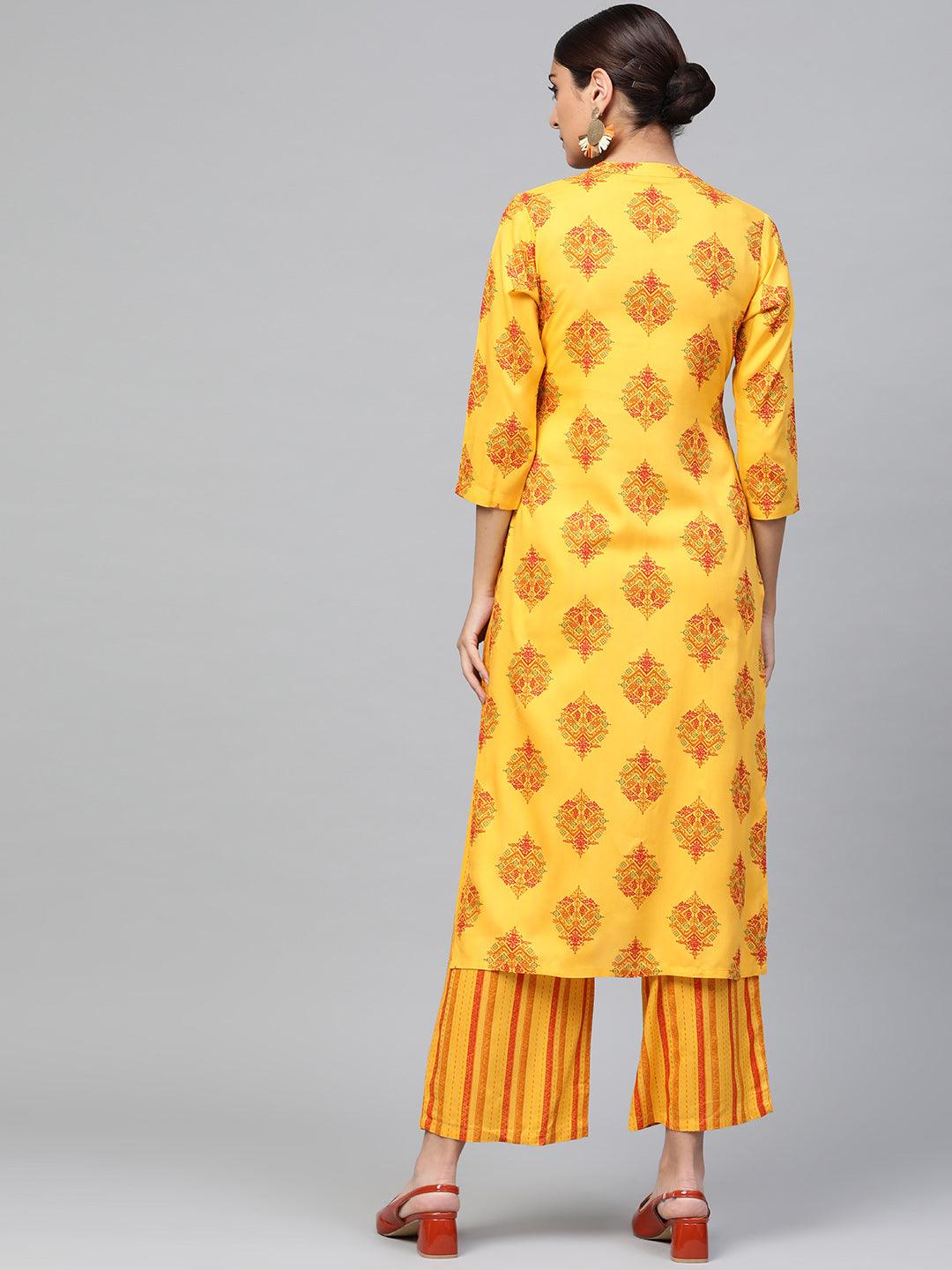 Yellow Printed Rayon Kurta Set - Libas